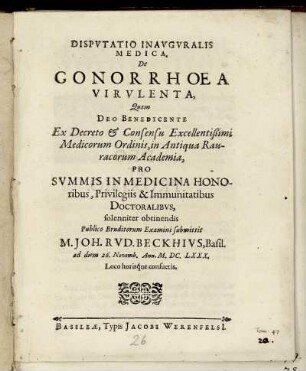 Disputatio Inauguralis Medica, De Gonorrhoea Virulenta