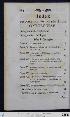 Index sectionum, capitum et articulorum Ontologiae.