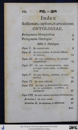 Index sectionum, capitum et articulorum Ontologiae.