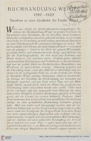 Buchhandlung Weigel 1797-1922. Bausteine zu einer Geschichte der Familie Weigel