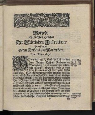 Vorrede des zweyten Druckes Der Väterlichen Instruction, Des Seligen Herrn Kolbens von Wartenberg. Von Anno 1696