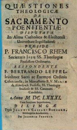 Quaestiones Theologicae De Sacramento Poenitentiae