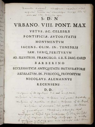 S. D. N Urbano. VIII. Pont. Max Vetus. Ac. Celebre Pontificiæ. Autoritatis Monumentum [...]