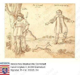 Jagd, Niddaer Sauhatz / Bild 84: Landgraf Philipp v. Hessen-Butzbach (1581-1643), einen Knüppel auf einen Hasen werfend, jedoch den Bereiter [Johann Schott aus Butzbach] treffend