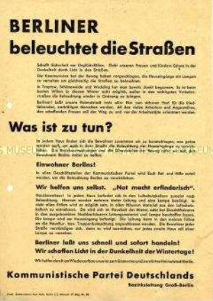 Aufruf der Bezirksleitung Groß-Berlin der KPD an die Berliner, für die Beleuchtung der Hauseingänge Sorge zu tragen