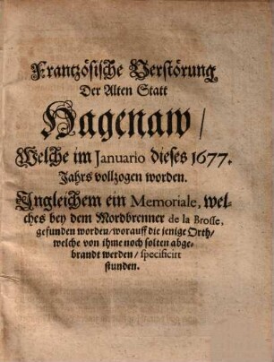 Frantzösische Verstörung der Alten Statt Hagenaw ...