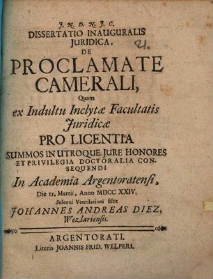Dissertatio Inauguralis Juridica, De Proclamate Camerali