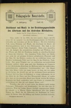 Dichtkunst und Musik in der Erziehungsgeschichte des Altertums und des deutschen Mittelalters : Studie , (Schluß)