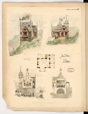 Weinberghäuschen an der Mosel Monatskonkurrenz Februar 1889: Grundriss, Aufriss Flussansicht, Eingangsansicht, Seitenansicht, Längsschnitt; Maßstabsleiste