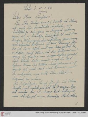 Korrespondenz Louise Ebert/Gustav Radbruch: Brief von Louise Ebert an Gustav Radbruch