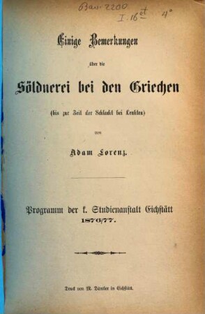 Einige Bemerkungen über die Söldnerei bei den Griechen : bis zur Zeit der Schlacht bei Leuktra
