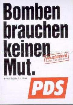 Aufkleber der PDS gegen den Kosovo-Krieg mit einem Zitat von Bertolt Brecht
