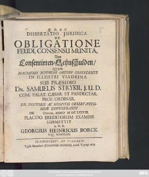 Dissertatio Iuridica De Obligatione Feudi, Consensu Munita