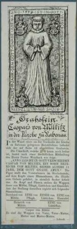 Grabstein des 11-jährig gestorbenen Casper von Miltitz (1548-1559, Sohn von Heinrich von Miltitz) und den Wappen der Familie Miltitz, Pflugk, Lüttichau und Einsiedel in der Kirche (Egidienkirche) in Rabenau bei Dresden