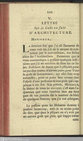 V. Lettre Sur le Gôut en fait d'Architecture