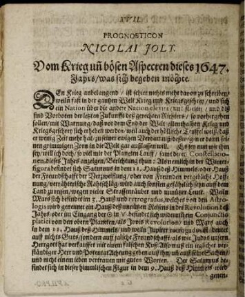 XVII. Prognosticon. Vom Krieg un[d] bösen Aspecten dieses 1647. Jahrs/ was sich begeben möchte
