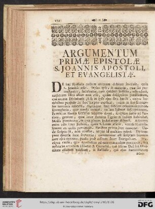 Argumentum primæ Epistolæ S. Joannis Apostoli, et Evangelistæ
