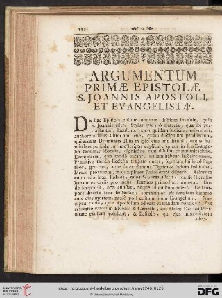 Argumentum primæ Epistolæ S. Joannis Apostoli, et Evangelistæ