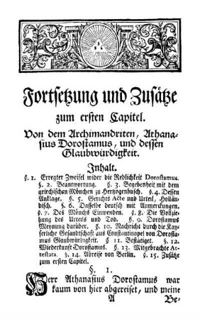 Fortsetzung und Zusätze zum ersten Capitel. Von dem Archimandriten, Athanasius Dorostamus, und dessen Glaubwürdigkeit