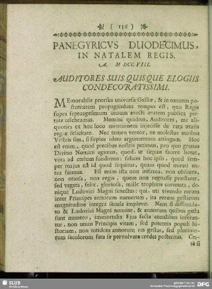 Panegyricus Duodecimus, In Natalem Regis. A. MDCCVIII.