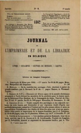 Bibliographie de la Belgique : ou catalogue général de l'imprimerie et de la librairie belges. 1862, 1862 = Jg. 25