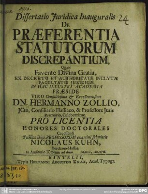 Dissertatio Iuridica Inauguralis De Praeferentia Statutorum Discrepantium