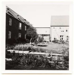 Grünflächen an der Albrecht-Dürer-Schule, Bromberg: Schulgebäude und im Vorgrund Wasserbecken