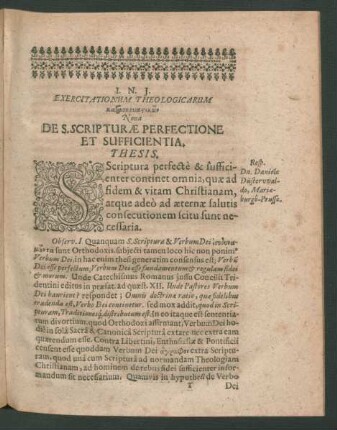 Nona De S. Scripturae Perfectione Et Sufficientia. Resp. Dn. Daniele Düsterwaldo