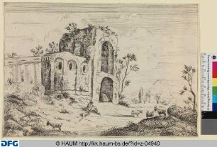 Ziegenhirte in einer Landschaft mit antiker Ruine