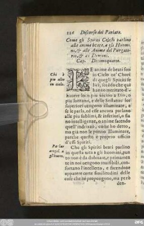 Come gli Spiriti Celesti parlino alle anime beate, a gli Huomi. ni, & alle Anime del Purgatorio, & ai Demoni. Cap. Decimoquarto.
