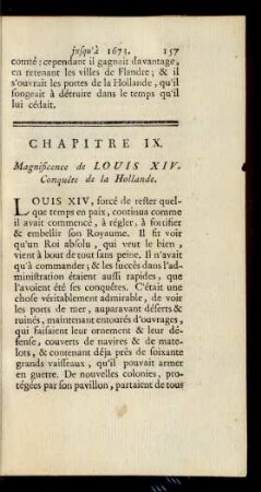 Chapitre IX. Magnificence de Louis XIV. Conqûete de la Hollande