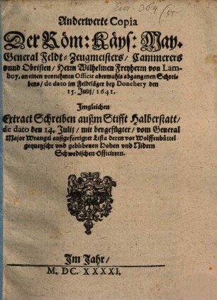 Anderwerte Copia Herrn Wilhelmen von Lamboy ... abgegangenen Schreibens