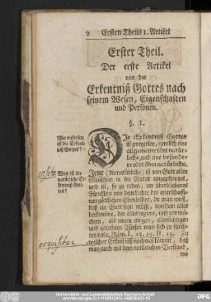 Der erste Artikel von der Erkentniß Gottes nach seinem Wesen, Eigenschaften und Personen.