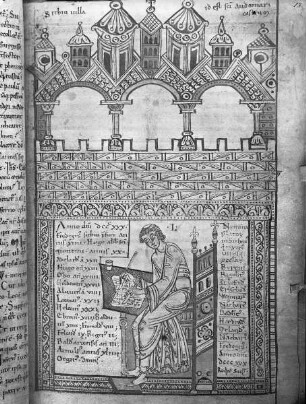 Liber Floridus Lamberti Canonici — Sithiu Villa mit schreibendem Lambert, Folio 13