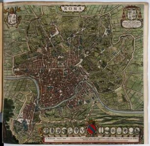 Vogelschauplan von Rom, 1:10 000, kolorierter Kupferstich, um 1663 : Roma : Eminentißmo et Reverendmo. Flavio S. R. E. Card. Chisio, Legato Avenionensi Alexandri VII. Pont. Max. Nepoti, Hanc Urbis Romae Typum devotißime offert J. Blaeu. - [Ca. 1:10.000]. - [Amsterdam] : J. Blaeu, [1663]. - 1 Vogelschauplan : Kupferstich. ; 55 x 54 cm (Karte) +++ Maßstab in graph. Form (miglio Italiano, Piede Romano). - Titelkartusche oben Mitte, Wappenkartusche oben links, Widmungskartusche oben rechts. - Mit 14 Wappen: L'Insegne Delli XIIII Rioni O Regioni Di Roma