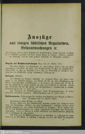 Auszüge aus einigen städtischen Regulativen, Bekanntmachungen etc.