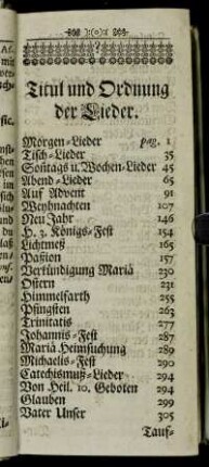 Titul und Ordnung der Lieder.