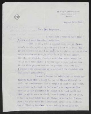 Brief von Gerhart Hauptmann an Benvenuto Hauptmann, geschrieben von Elisabeth Beerbohm