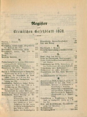 Register zum Bremischen Gesetzblatt 1878