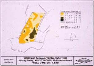 Yield Map Scheyern "Schlag 13/14" 1992 (Spring Barley; ASHTEC-GPS; Yield Measurement "YIELD-O-METER", 7.8.1992)
