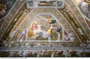 Dekoration mit Grotesken und Bildfeldern mit Chronos, den Parzen und Cupid; den vier Tageszeiten; Putten, Apollo im Sonnenwagen und Aurora (Morgen)