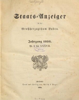 Staatsanzeiger für das Großherzogtum Baden. 1894