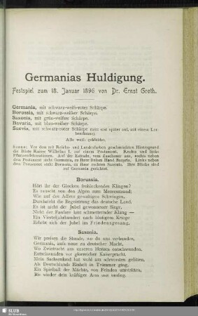 Germanias Huldigung : Festspiel zum 18. Januar 1896