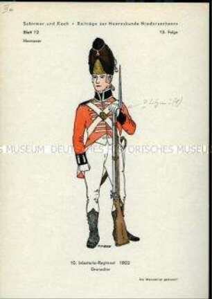 Uniformdarstellung, Grenadier des 10. Infanterie-Regiments, Kurfürstentum Hannover, 1802.
