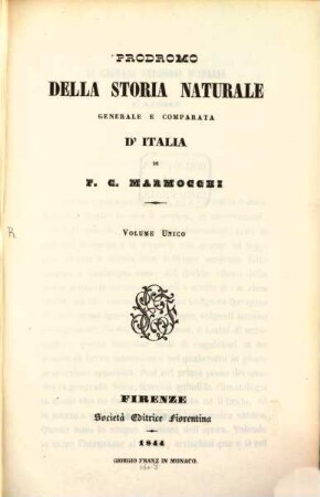 Prodromo della storia naturale generale e comparata d‛Italia : Volume unico, 1