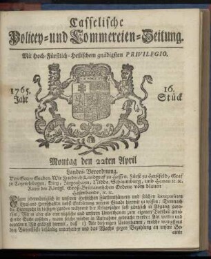 16. Stueck, Montag den 22ten April 1765