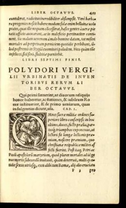 Polydori Vergilii Urbinatis De Inventoribus Rerum Liber Octavus.