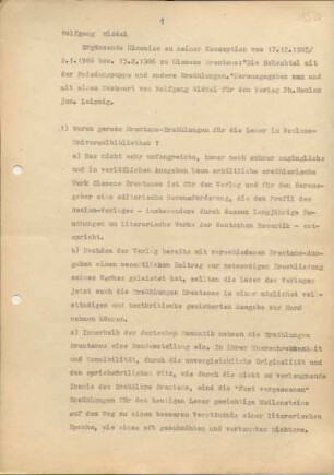 [W218a]: Ergänzende Hinweise zu meiner Konzeption vom 17.12.1985 bzw. 15.02.1986 zu Clemens Brentano: "Die Schachtel mit der Friedenspuppe und andere Erzählungen" : Hrsg. und mit einem Nachwort von Wolfgang Widdel, für den Verlag Philipp Reclam jun. Leipzig