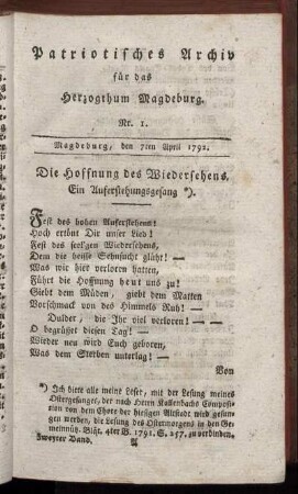 Nr. 1. Magdeburg, den 7ten April 1792