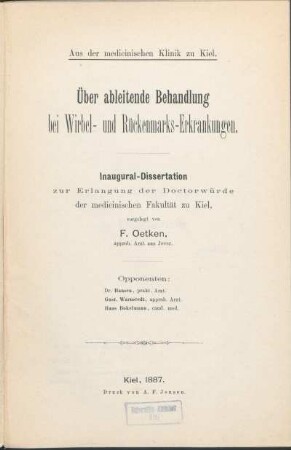 Über ableitende Behandlung bei Wirbel- und Rückenmarks-Erkrankungen